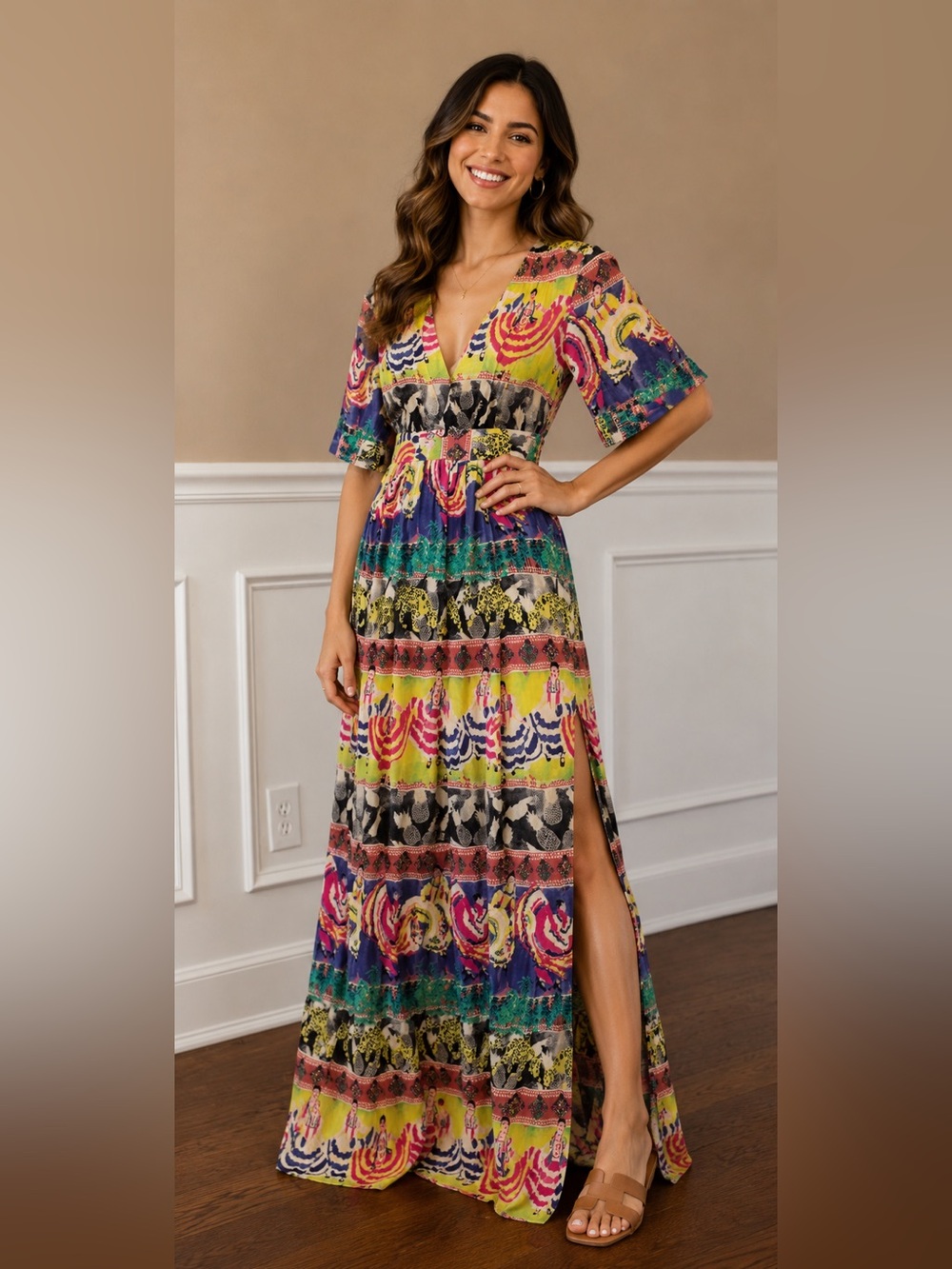 & Other Stories Colorful Patchwork Boho Maxi Dress V-Neck Slit Cotton Blend 6
